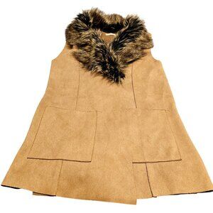 Rosette Faux Suede Tan Vest With Faux Fur Collar & Pockets S
